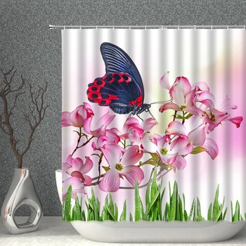 Butterfly Dušo Užuolaidos Violetinė Mėlyna Raudona Gėlė, Augalas, Spalvinga Sparnus Gyvūnų Plaunamas audinys Vonios kambarys ekrano Dekoratyvinės Su Kabliukais