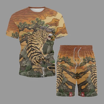 2021 Madinga Tracksuit Vyrų Rinkiniai Kinų Stiliaus Vasaros T-Shirt Nustatyti Žvėries Tigras Spausdinti Atsitiktinis Trumpas Rankovės Šortai Kostiumas Unisex Drabužiai