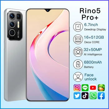 Rino5 Pro+ išmaniųjų telefonų Naujas 2021 6.7 Colių 16+512 GB Veido Atspaudų Atrakinti 32+50MP 10 Core 6800mAh Andriod mobiliųjų Telefonų MTK6889
