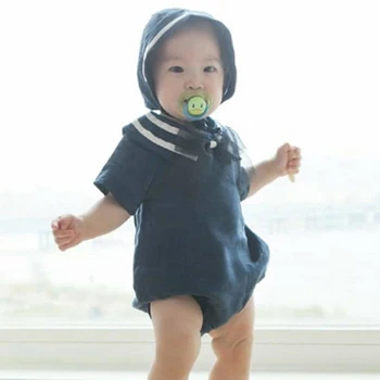 Korėjos Stiliaus Naujagimiui Mergaitės Berniukai Jumpsuit+Skrybėlę Vasarą Bamblys Kūdikių Berniukų Mergina Medvilnės Trumpomis Rankovėmis Karinio Jūrų Laivyno Apykaklės Rompers