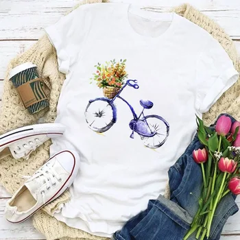 Estetinės Automobilio Ir Gėlių Grafinis Spausdinti Lady marškinėliai Balti Harajuku trumpomis Rankovėmis Apvalios Kaklo Moterys T-shirt