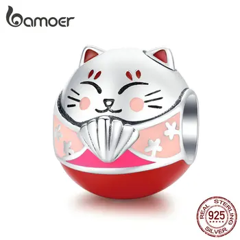 Bamoer Japonija Kitty Cat Apvalūs Metaliniai Karoliukai Moterų Žavesio Sidabras 925 Originalią Apyrankę Bangle Emalio Juokinga 