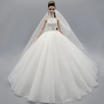 Baltos Aukštos Kaklo Mados Vestuvių Suknelė Barbie Lėlės Komplektus Princesė Vakare Šalis Suknelė Ilgos Suknelės Lėlės Drabužiai & Šydas