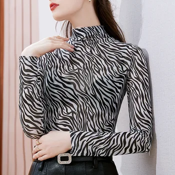 Golfo Akių Dugno Marškinėliai Naujas 2021 M. Pavasarį Ilgomis Rankovėmis Moterims T-Shirt Zebra Modelis Plonas Ruožas Įtemptą Viršūnių Blusas