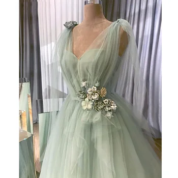Sage Ilgai Tiulio Prom Dresses 2021 Dviguba V Kaklo Gėlių Linija Oficialią Vakaro Šalis Suknelė vestidos de gala