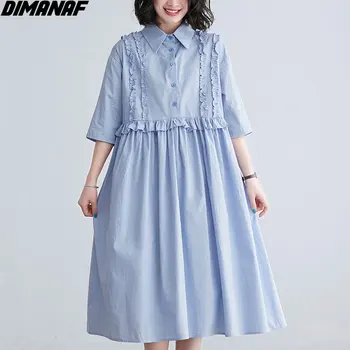 DIMANAF Plius Dydis Moterų Marškinėliai Suknelė Vasaros Trumpos Rankovės Kietasis Nėrinių Korėja Atsitiktinis Moterų Big Bazės Mėlyna Kišenės Minkštos Medvilnės Suknelė