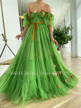 Romantiška Tiulio Vestuvių Suknelės su 3D Gėlės Brangioji Off Peties Plisuotos Ilgos Vestuvinės Suknelės Raukiniai Trumpas Rankovės 2021