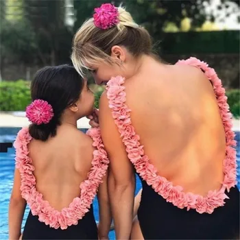 Moterų maudymosi Kostiumėliai, 2021 M. Europos ir Amerikos vientisas maudymosi kostiumėlis Vaikams vientisos Spalvos Žiedlapis Bikini Motina Dukra maudymosi Kostiumėliai