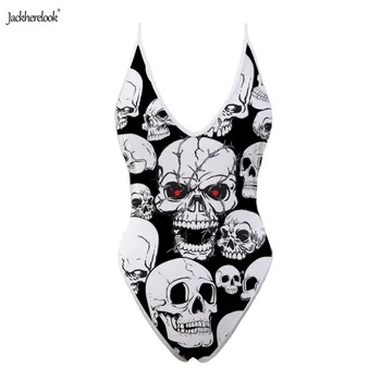 Jackherelook Vienos Vienetų Backless maudymosi kostiumėlį Punk Kaukolės Galvą 3D Atspausdintas Off Peties Apynasrio Bikini Moterims Monokini Push Up maudymosi Kostiumėliai