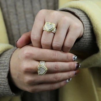 2021 Valentino Prašmatnus Dovana Crystal Aukso Didelės Širdies Žiedai Lediniame Iš Putojantis Kubinis Cirkonis Moterų Draugei Sužadėtuvių Papuošalai