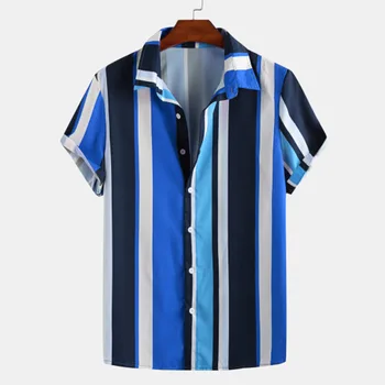 2021 Naujas Shirt Mens Atsitiktinis Colorblock Vertikalios Juostos Spausdinimo Mygtukas Iki Marškinėliai Mados Paplūdimio Palaidinė Viršūnes Havajų Marškinėliai