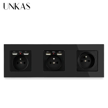 UNKAS 3 Gauja Juoda prancūzijos Standartinį elektros Lizdą Su Dual USB Įkrovimo lizdas + 1 Gauja prancūzijos Lizdas 258*86mm Krištolo Stiklo Skydelis