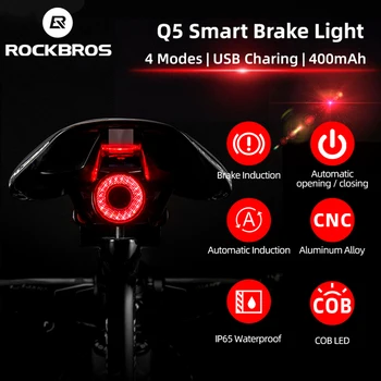 ROCKBROS Dviračių Smart Auto Stabdžių Šviesos Jutimo IPx6 Vandeniui LED Įkrovimo Dviračių užpakalinis žibintas, Dviračio Galinis Žibintas Priedai Q5