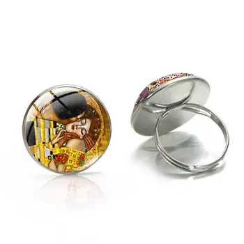 Gustavo Klimto Bučinys Aukščio Apskritas Sidabro Spalvos Stiklo Cabochon Žiedai keičiamo dydžio Piršto Žiedai Klimto Meno Papuošalai Moterims
