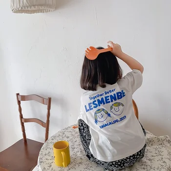 Korėjos stiliaus unisex vaikams, cartoon laišką trumpomis rankovėmis t shirts 2021 m. vasarą berniukų, mergaičių medvilnės atsitiktinis palaidų Viršūnės
