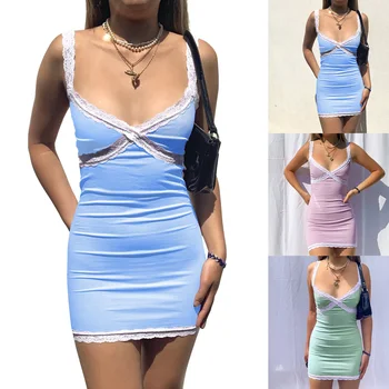E-mergina, Seksuali Spageti Dirželis V Kaklo Stora Bodycon Balta Nėrinių Apdaila Mini Suknelė Y2K Trumpas Sundresses 2021 Moterų Vasaros Drabužių