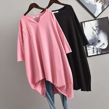 Vasarą Naujas korėjiečių Moterų Plius Dydis Prarasti Slim Pusė-Ilgas rankovėmis T-shirt V-kaklo vientisos Spalvos Medvilnės Atsitiktinis Moterų Viršūnių Baltas Juodas