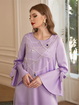 Moterų Perlai Maxi Suknelė Prarasti Satino Linija Bowknot Ilgas Rankovėmis Varpo Marokas Dubajus Suknelė Elegantiškas Šalis Pokylių Ramadanas Eid Abaja