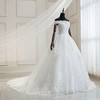 2021 Prabangūs Nėriniai Siuvinėjimo Vestuvių Suknelės nuo Peties 100cm Ilgio Traukinio Brangioji Vestido De Noiva