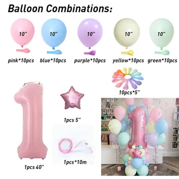 63pcs Macaroon Latekso balionų, Saldainių Rožinės Kolbų Nustatyti 1 2 3 4 5 6 7 8 9 Gimtadienio Dekoracijos Vaikams Baby Shower mergina Vienaragis