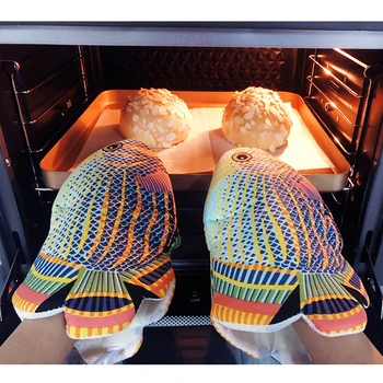 3D Heatproof Pirštinė Virtuvė, Valgių gaminimas Mikrobangų Krosnelė Mitt Izoliuoti neslidus Pirštinės Krabų / Žuvies Formos Sustorėjimas Medvilnės Orkaitės Pirštinės