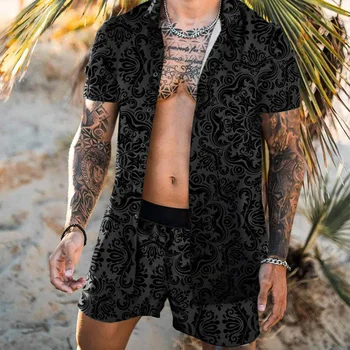 Vyriški Tracksuit Vasara Dviejų dalių Komplektas Marškinėliai Šortai Mygtuką Marškinėliai Paplūdimio Šortai Streetwear Atsitiktinis Mens Kostiumas 2 vnt