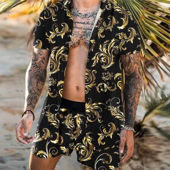 Vyriški Tracksuit Vasara Dviejų dalių Komplektas Marškinėliai Šortai Mygtuką Marškinėliai Paplūdimio Šortai Streetwear Atsitiktinis Mens Kostiumas 2 vnt