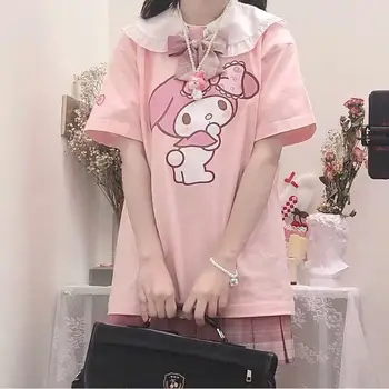 Vasaros Japonijos trumparankoviai Animacinių filmų Spausdinti Cute Girl marškinėliai Pink Lėlės Apykaklės Laisvas Minkštų Mergina Saldus T-shirt Moteris Studentų Banga