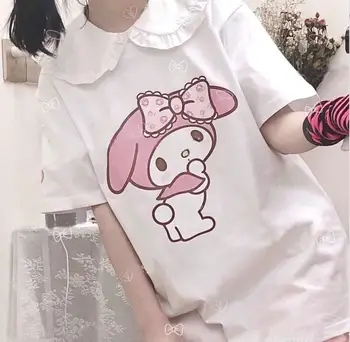 Vasaros Japonijos trumparankoviai Animacinių filmų Spausdinti Cute Girl marškinėliai Pink Lėlės Apykaklės Laisvas Minkštų Mergina Saldus T-shirt Moteris Studentų Banga