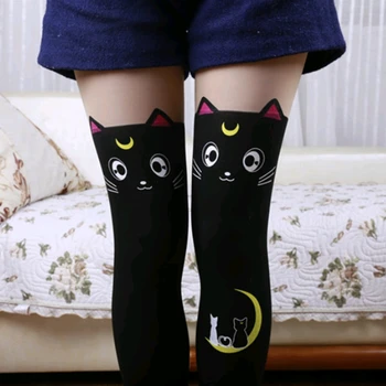 1 pora mados seksualus animacinių filmų kojinės mėnulis katė merginos, ponios aukšto tinklinės pėdkelnės, kojinės vientisos spalvos