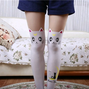 1 pora mados seksualus animacinių filmų kojinės mėnulis katė merginos, ponios aukšto tinklinės pėdkelnės, kojinės vientisos spalvos