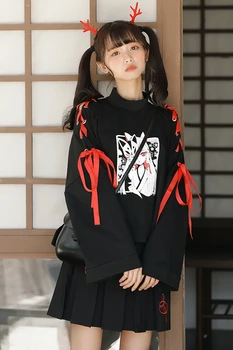 Japonijos Lolita Derliaus Harajuku Anime Fox Spausdinti Nėriniai-up ilgomis Rankovėmis Hoodie Marškinėliai Tamsiai Mergina Punk Gatvės Palaidinukė Viršūnes Sijonas