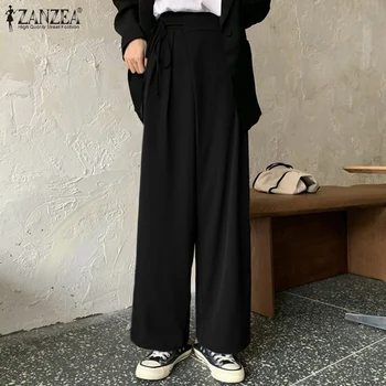 Moterys, Plisuotos Kišenės Ropė Pavasarį Darbo Kelnės ZANZEA 2021 įvarstyti Atsitiktinis Kelnės Aukštu Juosmeniu Ilgai Pantalon Palazzo