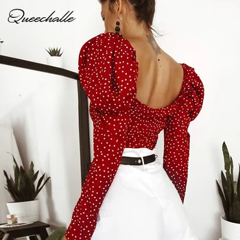 Derliaus Polka Dot Moterims Sluoksniuotos Ilgomis Rankovėmis Wrap Top Elegantiškas 2021 Nėrinių Raudona Pasėlių Viršuje Palaidinė Sexy Backless Prašmatnus Moterų Marškiniai