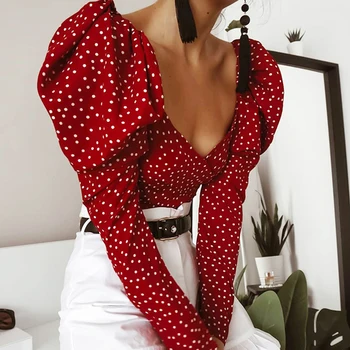 Derliaus Polka Dot Moterims Sluoksniuotos Ilgomis Rankovėmis Wrap Top Elegantiškas 2021 Nėrinių Raudona Pasėlių Viršuje Palaidinė Sexy Backless Prašmatnus Moterų Marškiniai