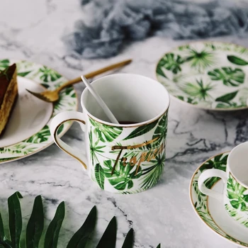 Žalia Aukso Smūgių Plat Porceliano Kavos Latte Puodelis Spausdinimo Teacup Keramikos Arbatos Puodelio Kaulų Kinija Vandens Gėrimas Ware
