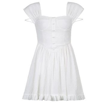 Vasaros Seksualus Off Peties Moterų Sundress Baltos Spalvos Elegantiškas Mygtuką Klostuotas Mini Dress Dirželiai Rankovių Raukiniai Komplektus Cuteandpsycho