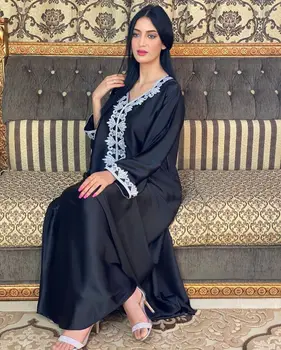 Ponios etninės išsiuvinėti auksu spalvotų elegantiškas satino suknelė Jalabiya Dubajaus Musulmonų Arabų Marokas Kaftan moterų apdaras 2021