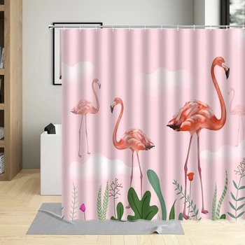 Pink Flamingo Dušo Užuolaidos Gražus Gražių Animacinių Filmų Rankomis Dažyti Spausdinimo Modelis Vonios Vandeniui Skalbti Su Kabliu
