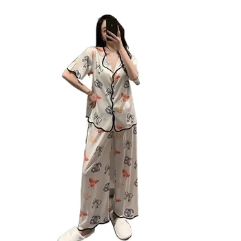 Vasaros Moterų Ledo Šilko Pižama trumpomis Rankovėmis Kelnės Nustatyti Dviejų dalių Komplektas Vasaros Sleepwear Loungewear Moterų Miego Viršūnės