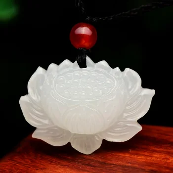 Natūralus Baltas Jade Lotus Pakabukas Karoliai Kinijos Žadeitas Ranka Raižyti Mados Žavesio Papuošalai, Aksesuarai Amuletas Vyrams, Moterims, Dovanos
