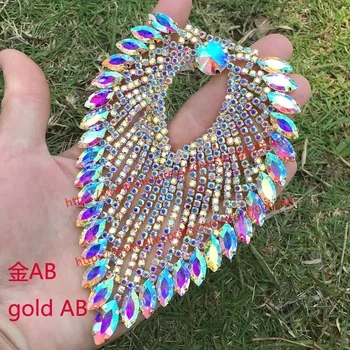 Aukštos kokybės AB stiklo kristalų širdies aplikacijos rankines papuošalus V formos, aukso kalnų krištolas iškirpte drabužiai, aprangos aksesuaras