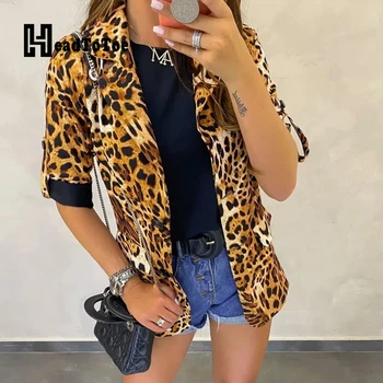 Leopard Print Pocket OLIS Fashion Švarkas Moterys Tris Ketvirčio Rankovės Įpjovomis Slim Viršūnes Moterims