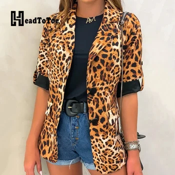Leopard Print Pocket OLIS Fashion Švarkas Moterys Tris Ketvirčio Rankovės Įpjovomis Slim Viršūnes Moterims