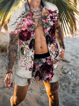 2021 Medvilnės Gryna Spalva Vyrų Havajų Rinkiniai 2021 Trumpas Rankovės Streetwear Marškinėliai Atsitiktinis Šortai Mados Kvėpuojantis Paplūdimio Vyrų Kostiumas