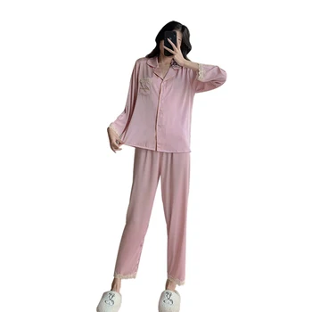 Pavasario / Vasaros Pižama rinkiniai moterims nėrinių krašto rausvos spalvos, ilgomis rankovėmis kelnės ponios sleepwear cardigan ledo šilko namų paslauga 2VNT