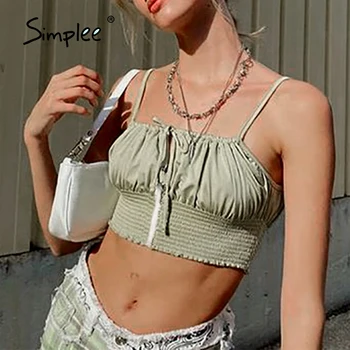 Simplee Sexy nėrinių šalis rankovių pasėlių viršų Mados atostogų Atostogų moterų camis Giliai kaklo vasaros spageti dirželis tankai 2021