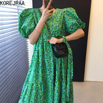 Korejpaa Moterų Suknelė 2021 Korėjos Mados Chic Vasaros Žalia Gėlė Aikštėje Nėrinių Kaklo Iki Juosmens, Palaidi Pynimas Suknelės Ilgai Vestido