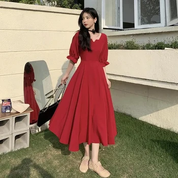 Senovinių Kvadratinių Apykaklės Pusė Rankovės Ilgos Suknelės Moterims prancūzijos Aukšto Juosmens-line Suknelės Moterims 2021 Atsitiktinis Juoda Raudona Suknelė