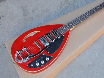 Nemokamas pristatymas raudona \ mediniai elektrine gitara, su pusiau tuščiaviduriai ovalo formos kūno, SISTEMA pikapas, klevų kaklo, vibratorius tiltas